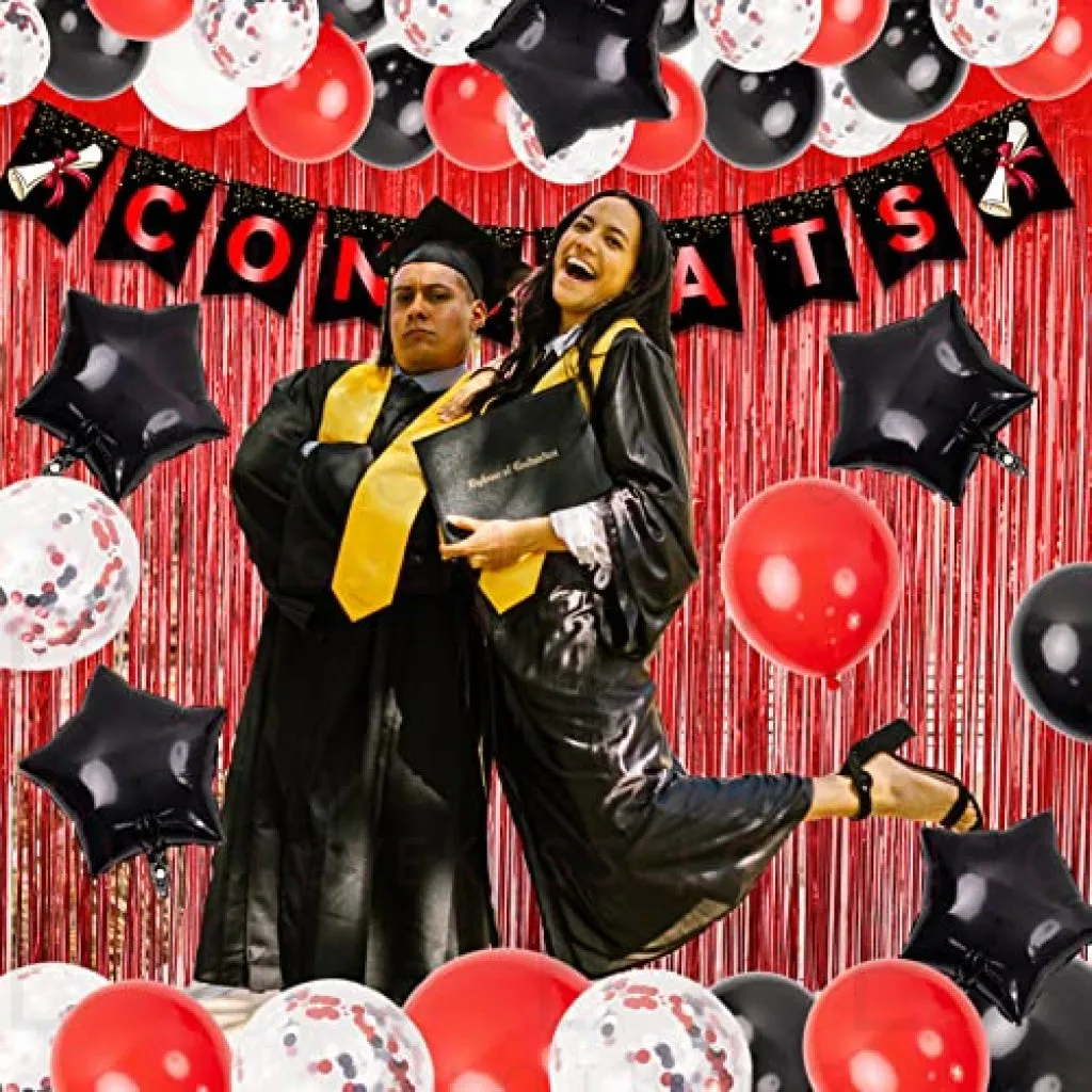 74pcs Graduation Party Decorations Kit Congrats Banner Red White Black Confetti Latex Balloon Arch Star Balloons Curtain for University College High School Grad Party Decorations Supplies