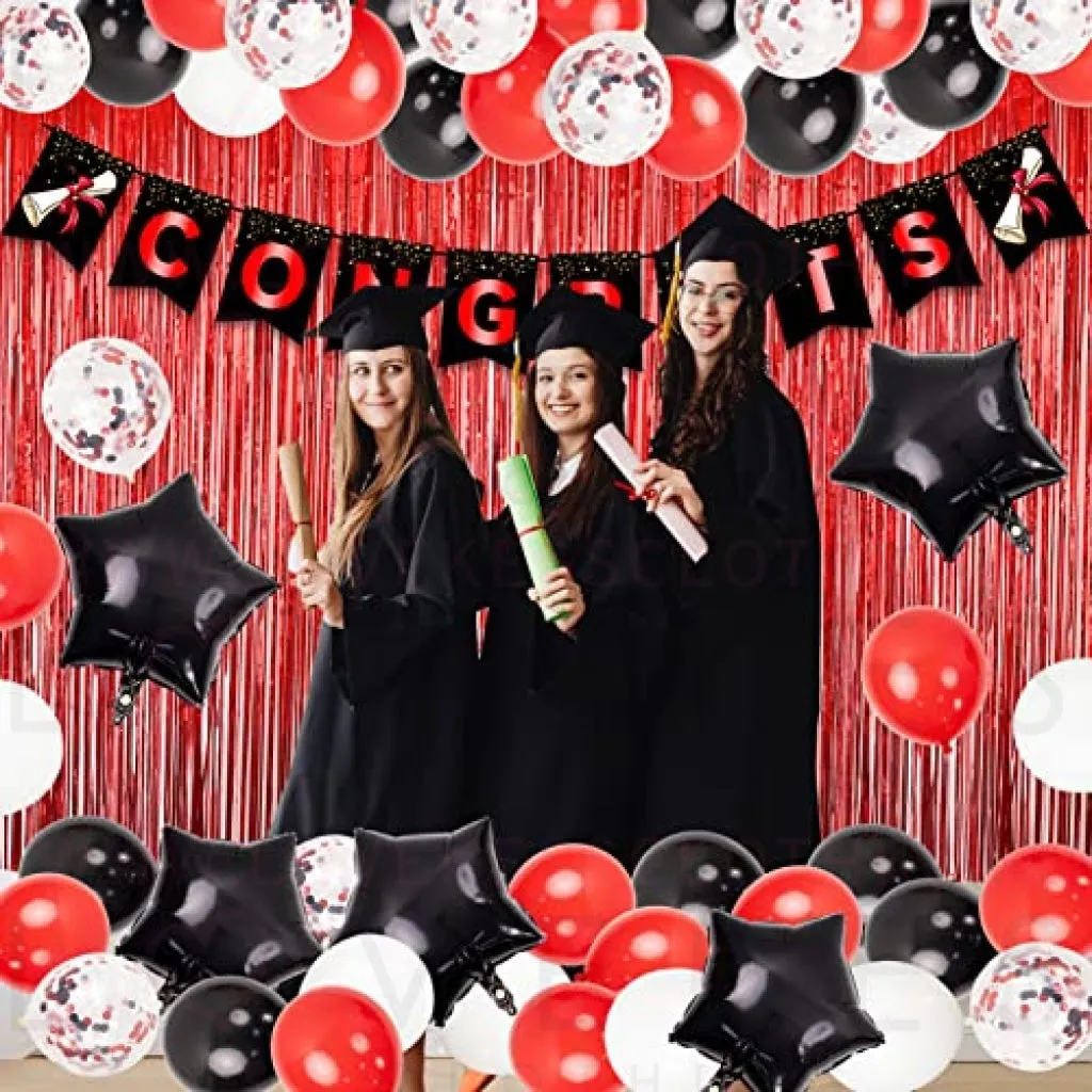 74pcs Graduation Party Decorations Kit Congrats Banner Red White Black Confetti Latex Balloon Arch Star Balloons Curtain for University College High School Grad Party Decorations Supplies