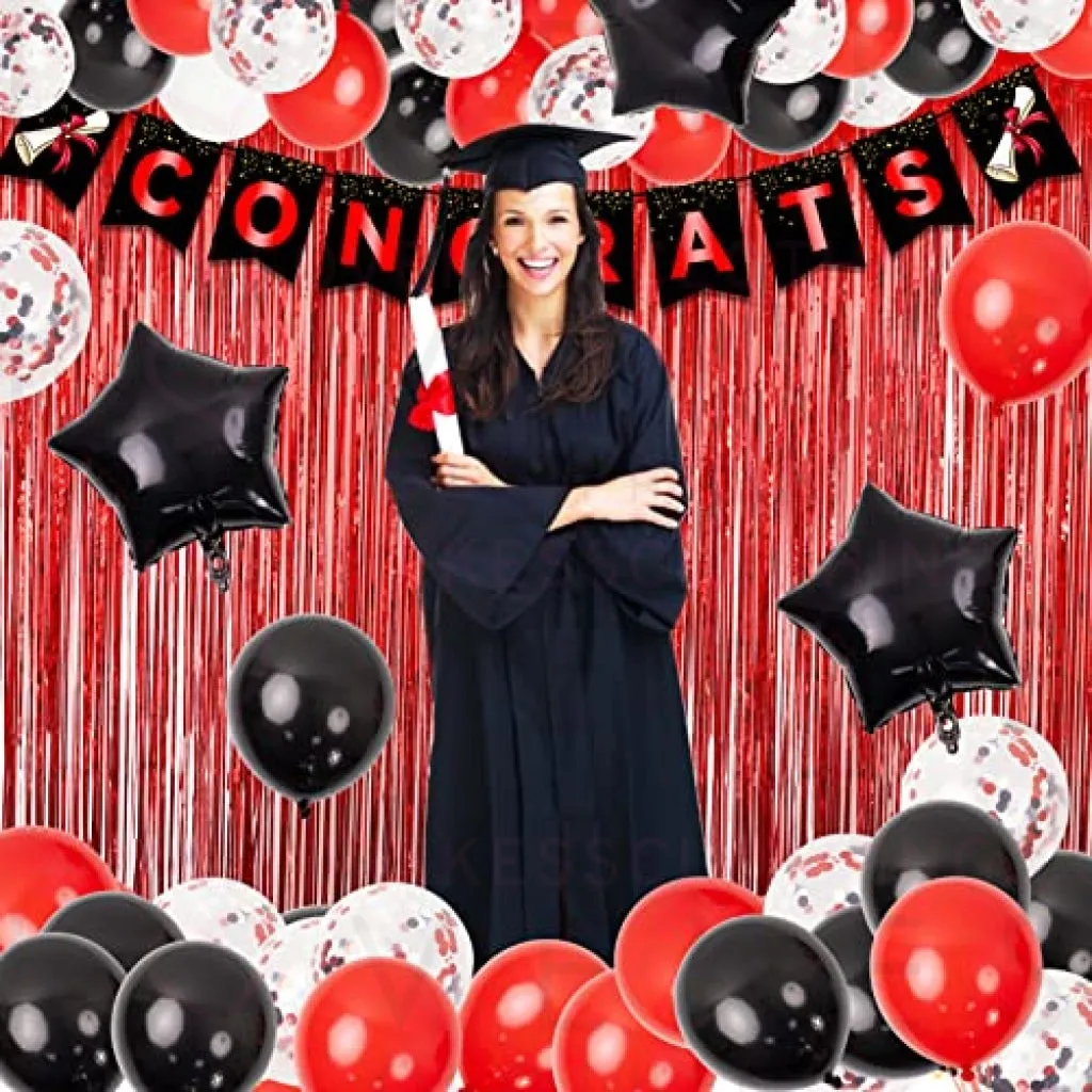 74pcs Graduation Party Decorations Kit Congrats Banner Red White Black Confetti Latex Balloon Arch Star Balloons Curtain for University College High School Grad Party Decorations Supplies