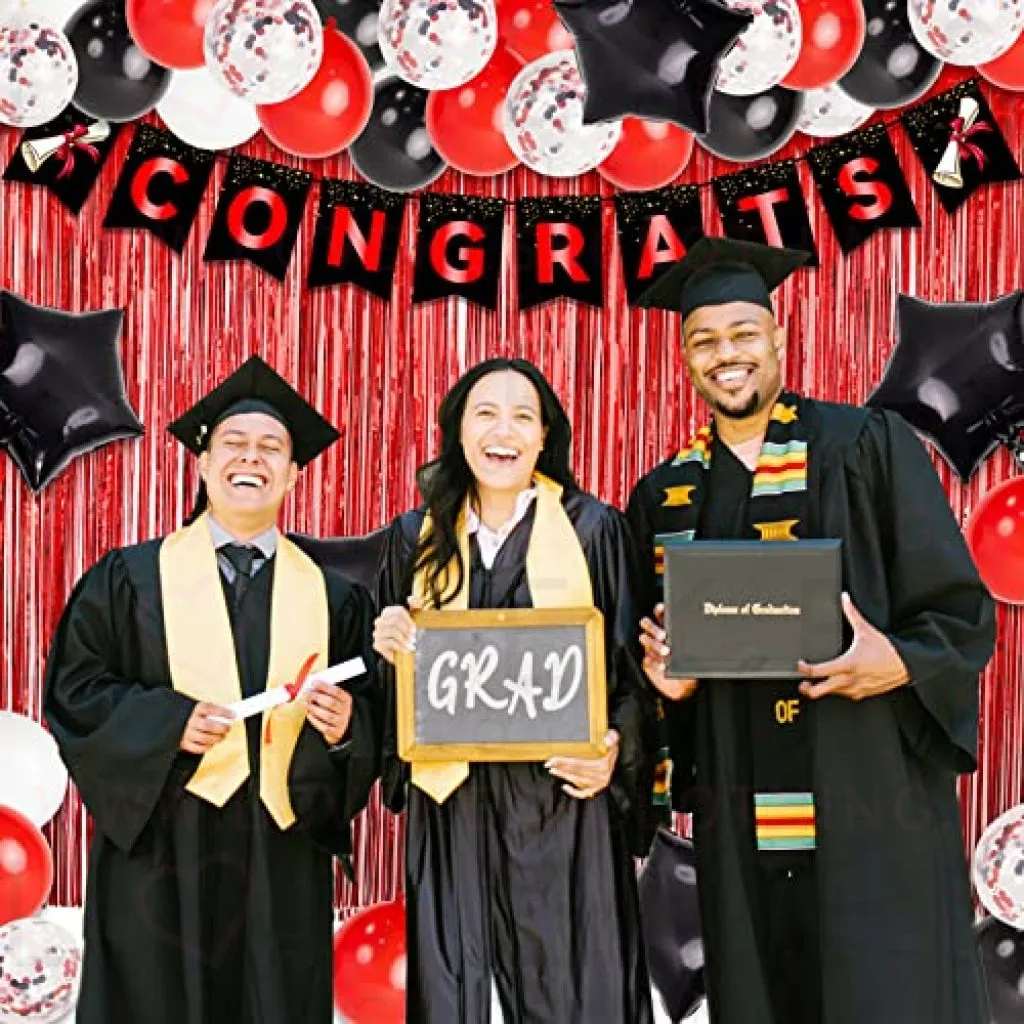 74pcs Graduation Party Decorations Kit Congrats Banner Red White Black Confetti Latex Balloon Arch Star Balloons Curtain for University College High School Grad Party Decorations Supplies
