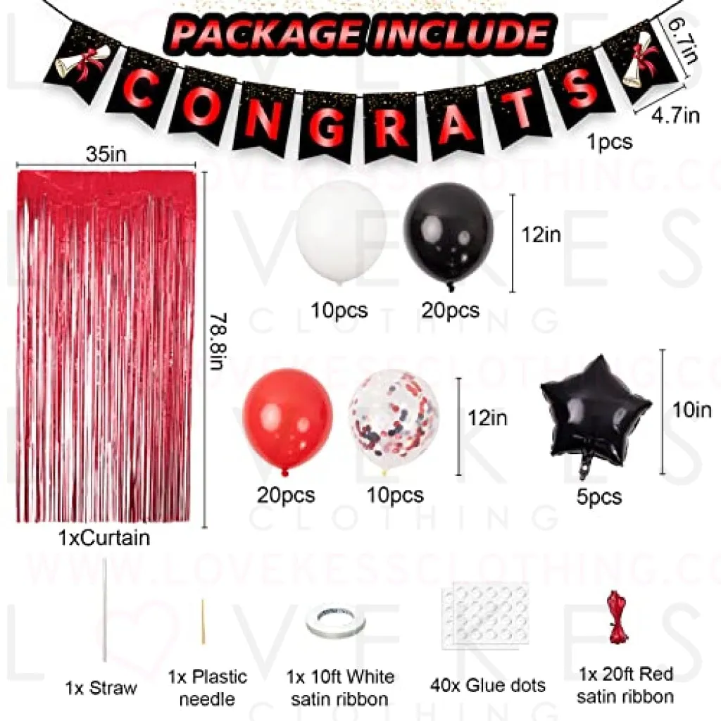 74pcs Graduation Party Decorations Kit Congrats Banner Red White Black Confetti Latex Balloon Arch Star Balloons Curtain for University College High School Grad Party Decorations Supplies