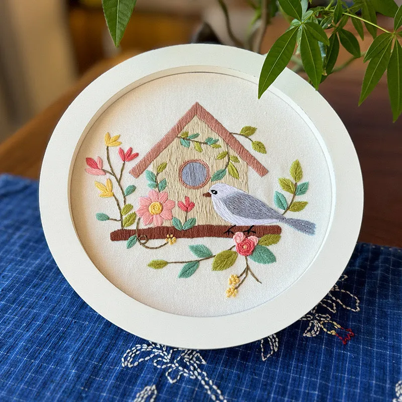 Birdhouse with bird and Flowers Embroidery DIY Kit 20cm