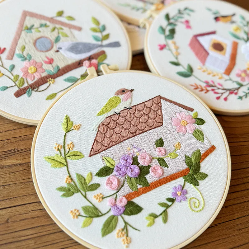 Birdhouse with bird and Flowers Embroidery DIY Kit 20cm