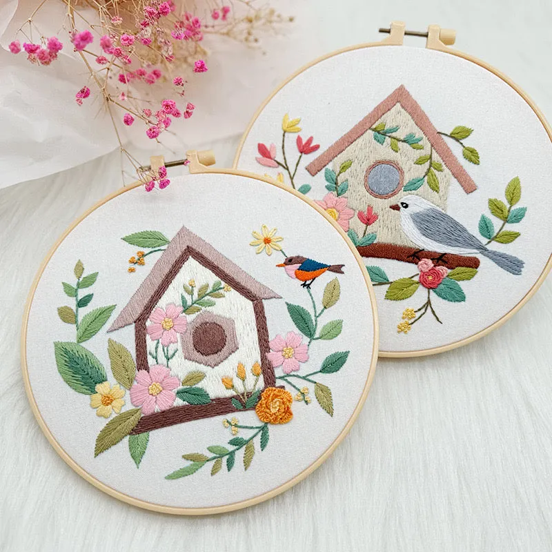 Birdhouse with bird and Flowers Embroidery DIY Kit 20cm