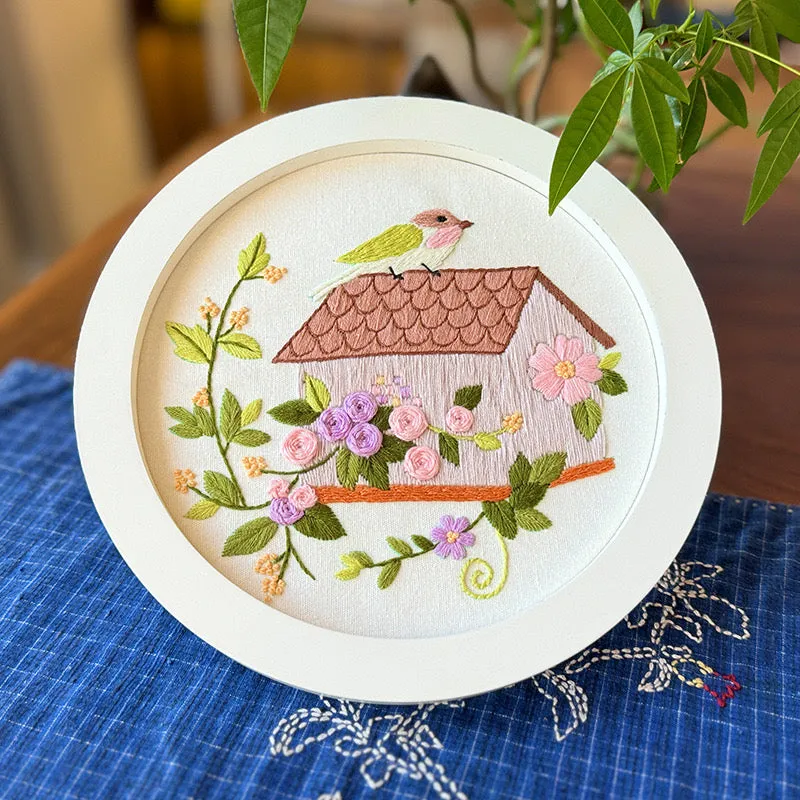 Birdhouse with bird and Flowers Embroidery DIY Kit 20cm