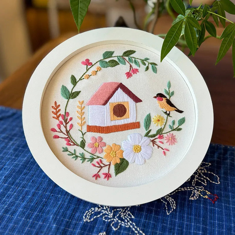 Birdhouse with bird and Flowers Embroidery DIY Kit 20cm