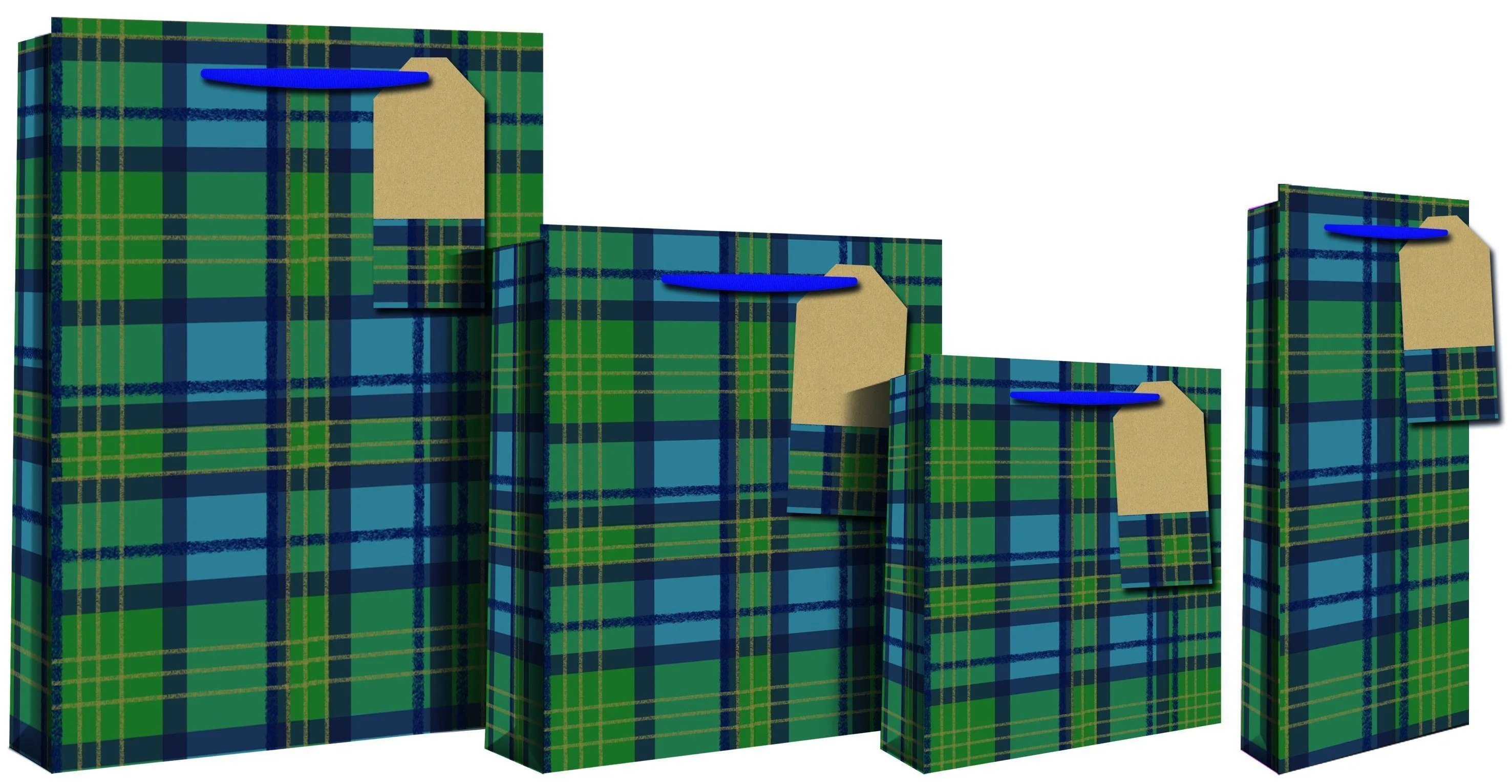 Blue Tartan Design Gift Bottle Bag 13 x 9 x 36cm - Blue & Green Check