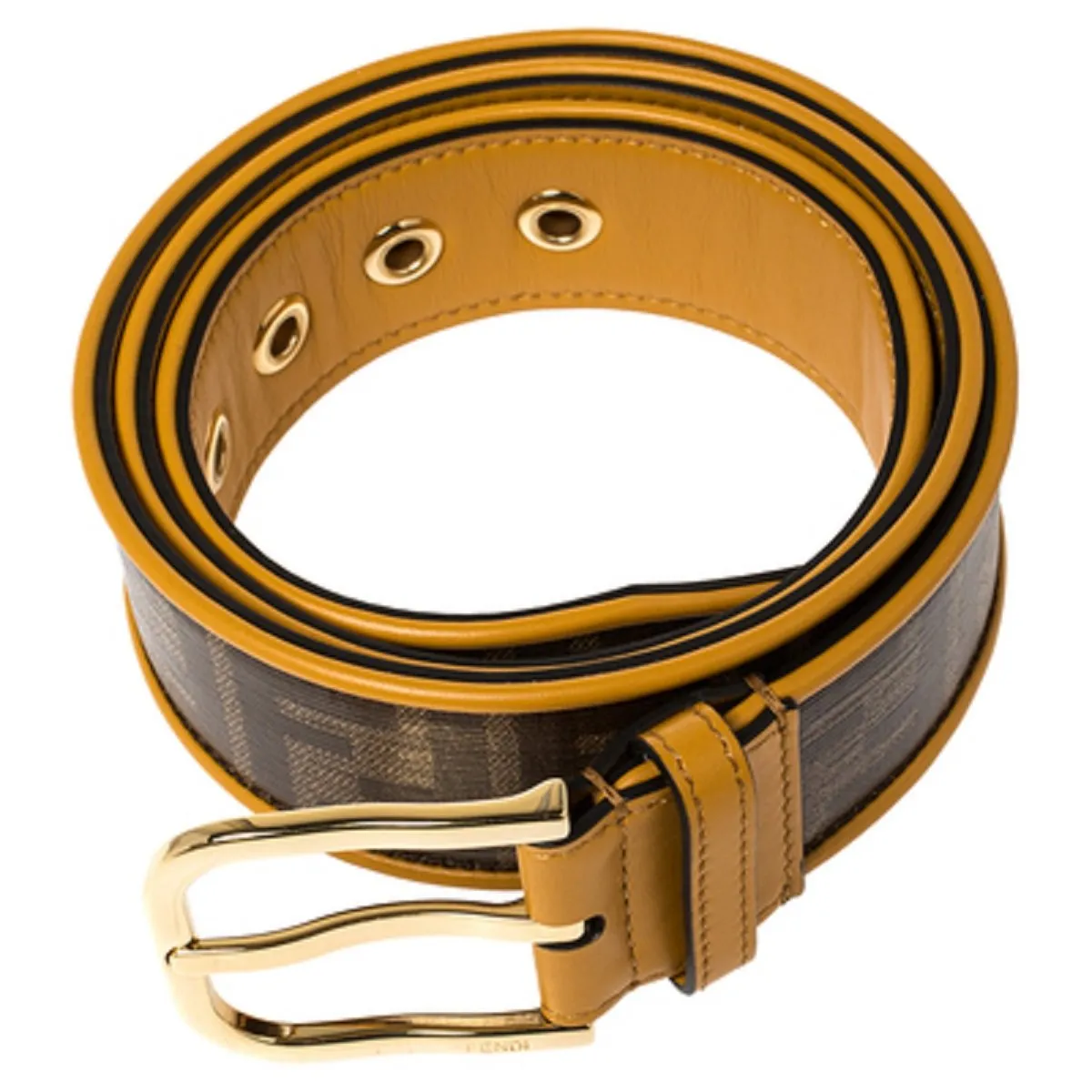 Fendi FF Logo Zucca Brown Yellow Leather Trim Belt 7C0400 Size 100/40