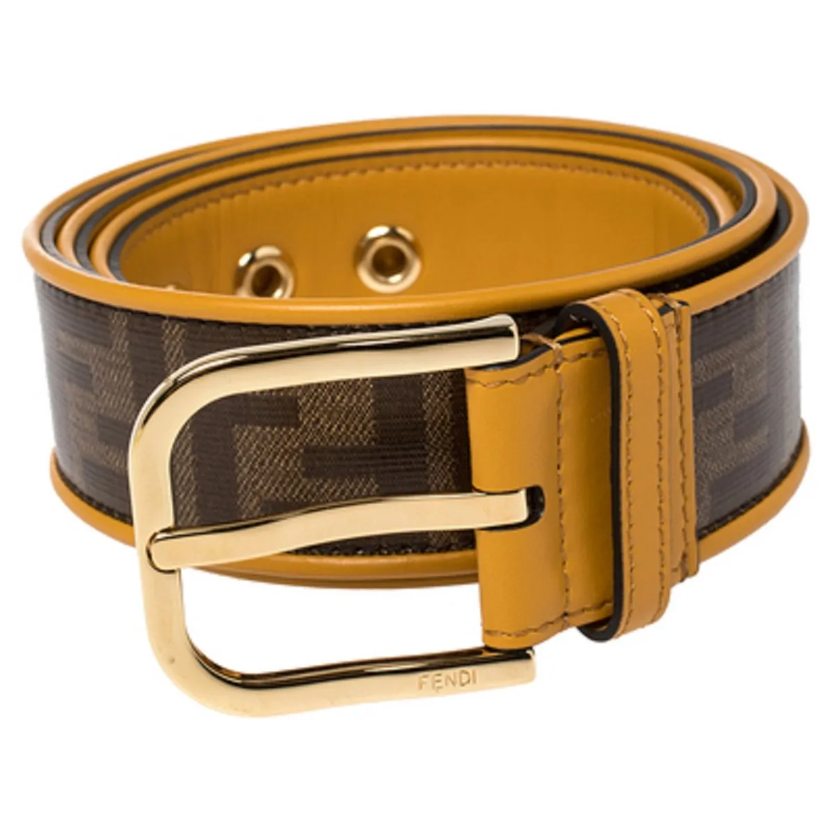 Fendi FF Logo Zucca Brown Yellow Leather Trim Belt 7C0400 Size 100/40