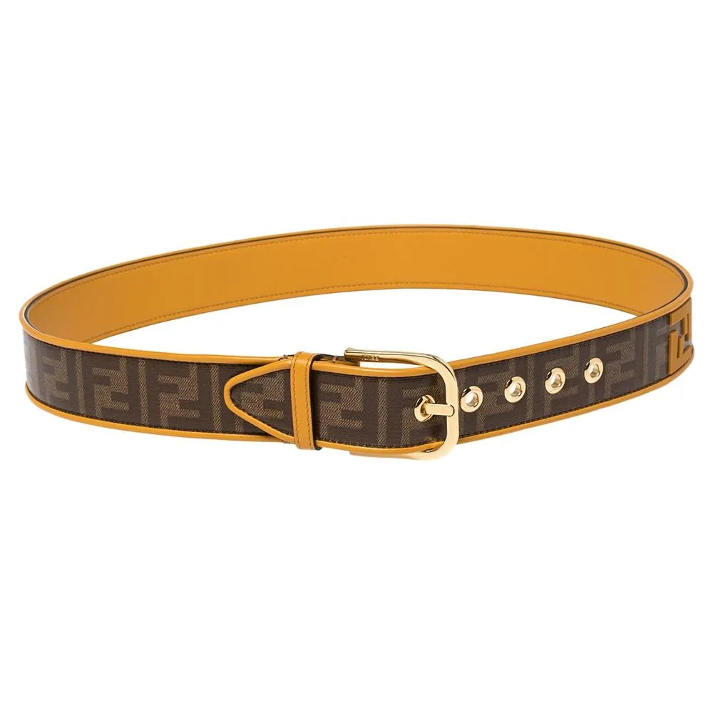 Fendi FF Logo Zucca Brown Yellow Leather Trim Belt 7C0400 Size 100/40