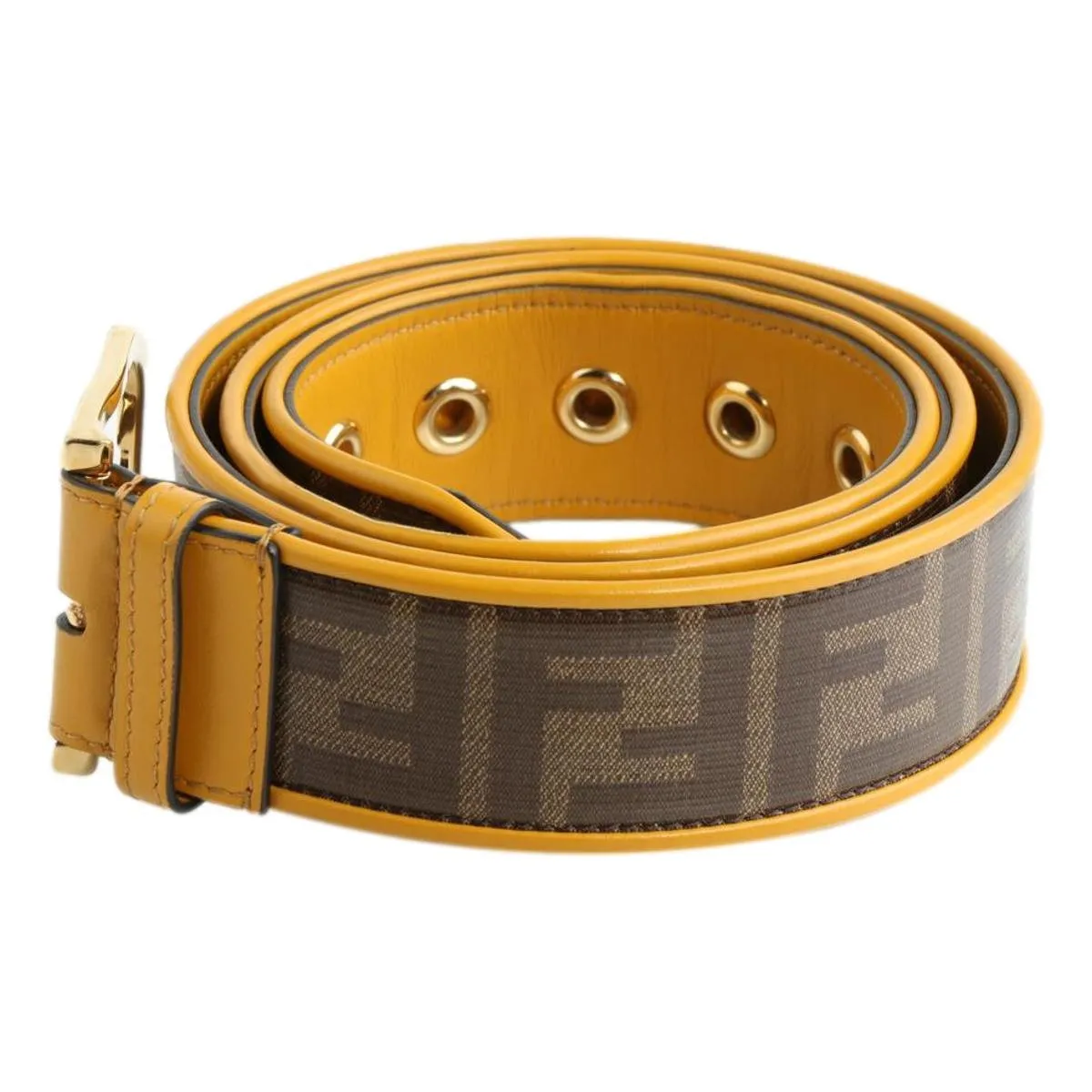 Fendi FF Logo Zucca Brown Yellow Leather Trim Belt 7C0400 Size 100/40