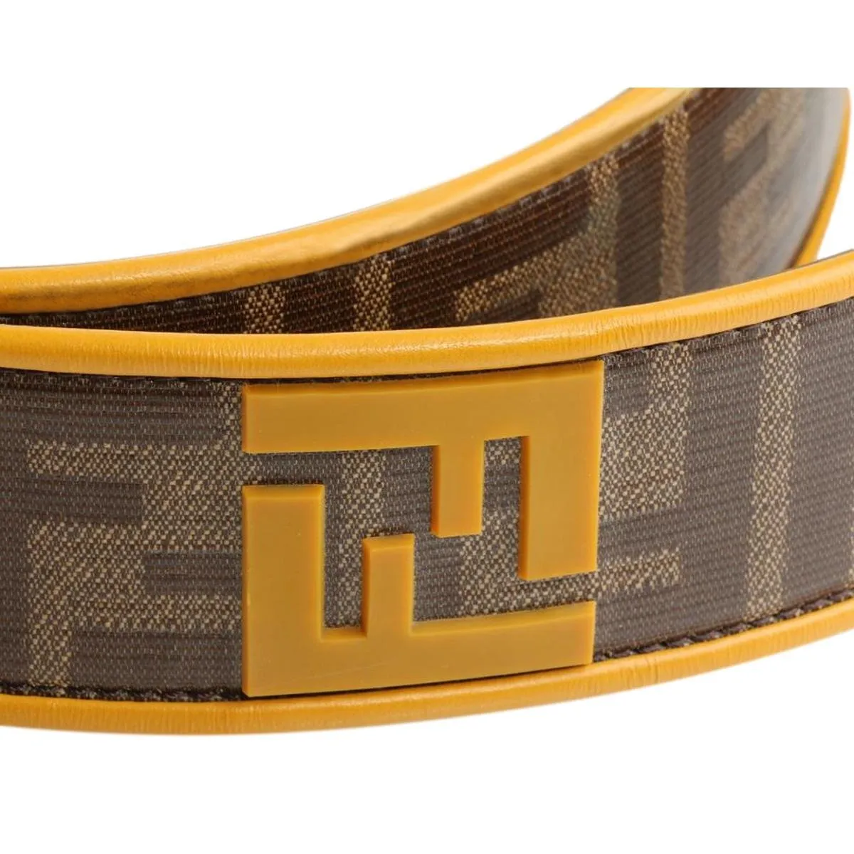 Fendi FF Logo Zucca Brown Yellow Leather Trim Belt 7C0400 Size 100/40