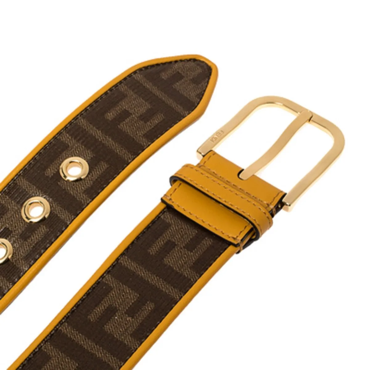 Fendi FF Logo Zucca Brown Yellow Leather Trim Belt 7C0400 Size 100/40