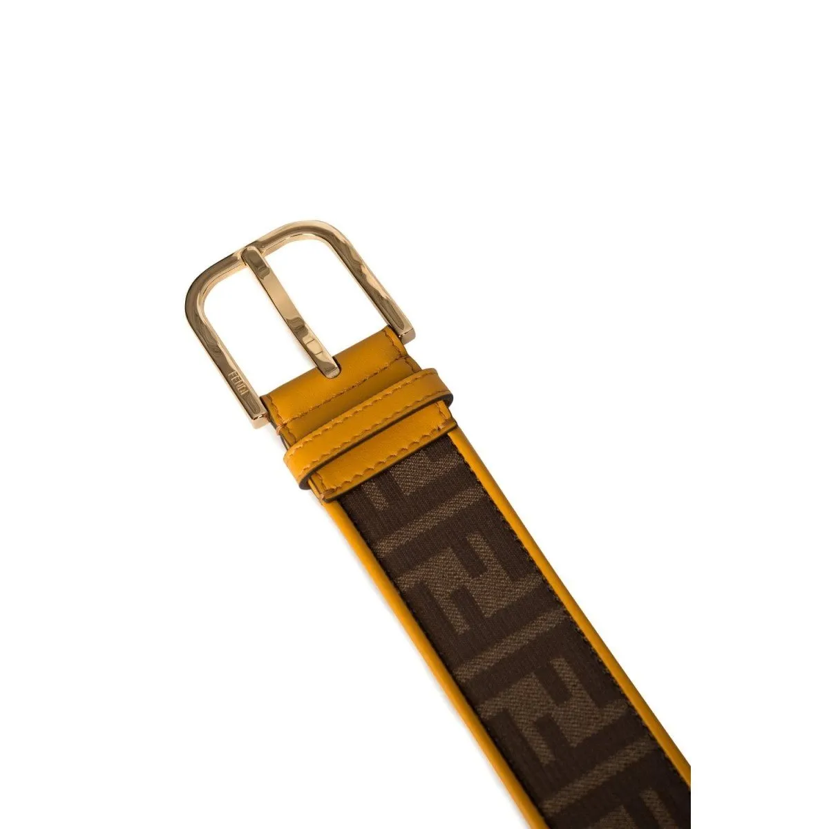 Fendi FF Logo Zucca Brown Yellow Leather Trim Belt 7C0400 Size 100/40