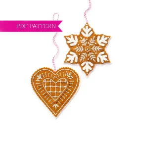 Gingerbread Snowflake and Heart Wool Felt Ornament PDF Patterns