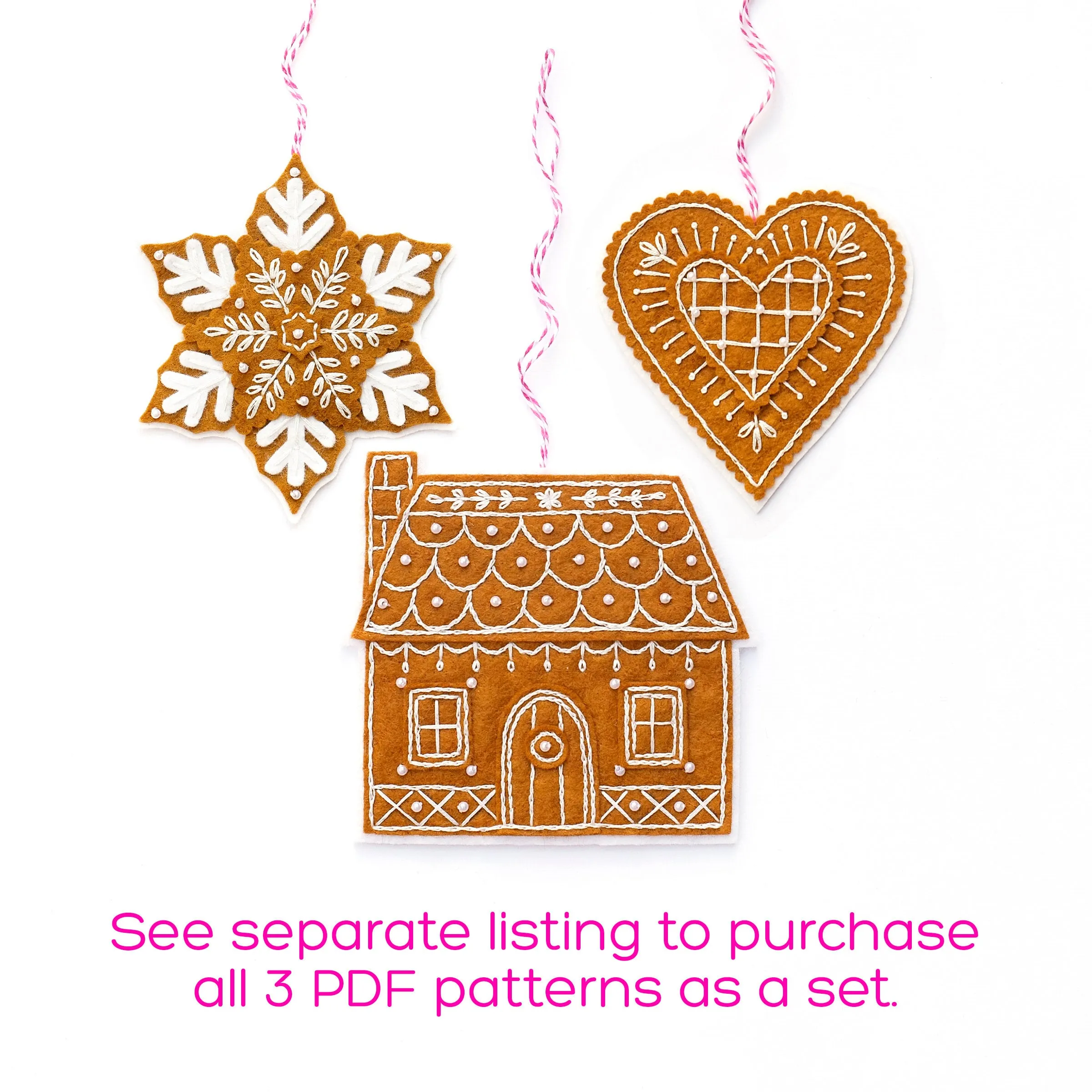 Gingerbread Snowflake and Heart Wool Felt Ornament PDF Patterns