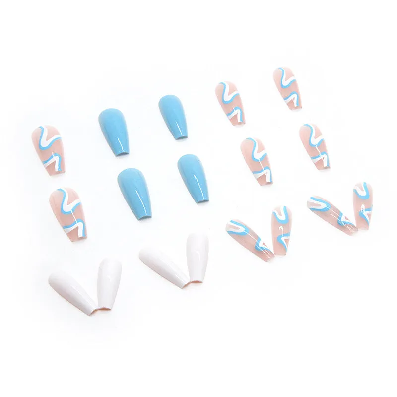 Long Ballet Wear a Foreign Trade Factory Direct Sales Best-Selling Nail Beauty 24 Pieces Blue and White Tune Cool Summer