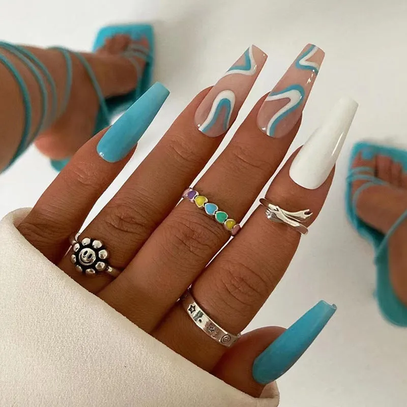 Long Ballet Wear a Foreign Trade Factory Direct Sales Best-Selling Nail Beauty 24 Pieces Blue and White Tune Cool Summer