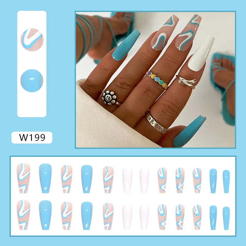 Long Ballet Wear a Foreign Trade Factory Direct Sales Best-Selling Nail Beauty 24 Pieces Blue and White Tune Cool Summer