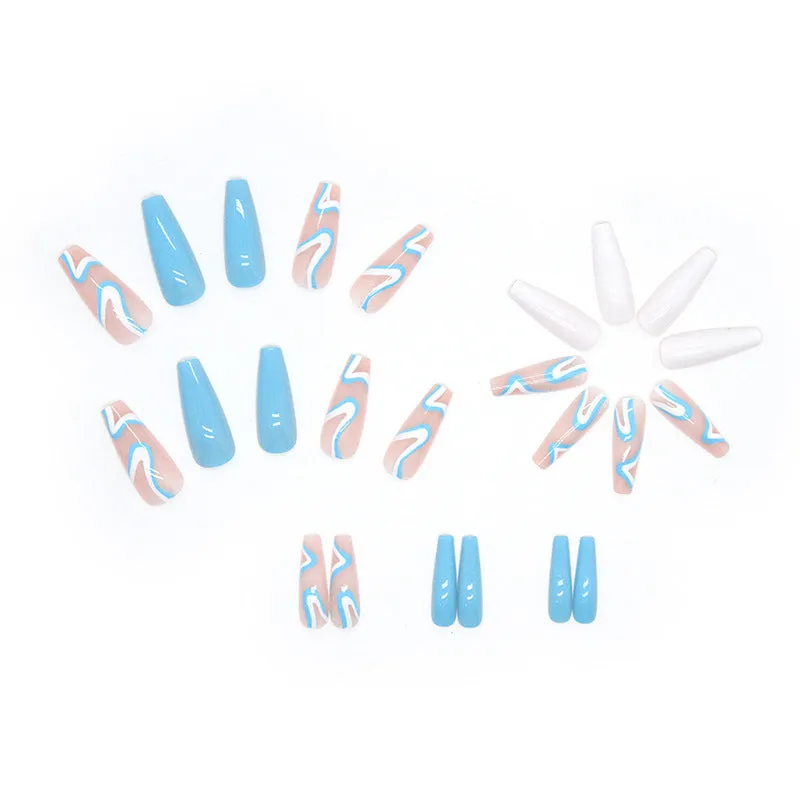 Long Ballet Wear a Foreign Trade Factory Direct Sales Best-Selling Nail Beauty 24 Pieces Blue and White Tune Cool Summer
