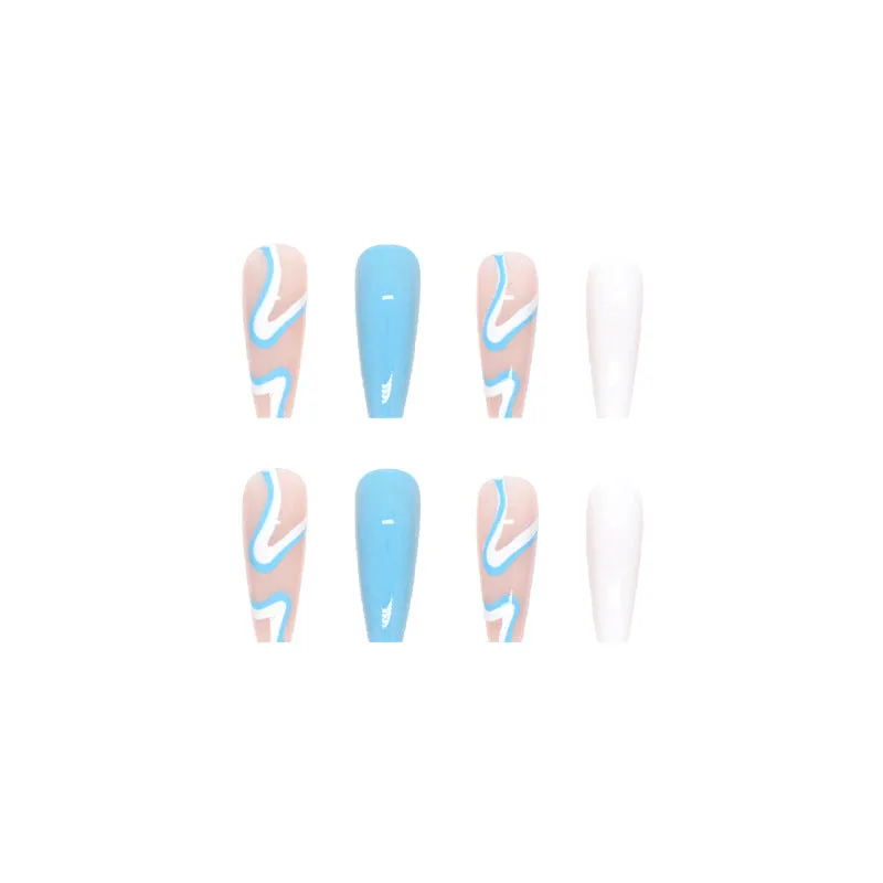 Long Ballet Wear a Foreign Trade Factory Direct Sales Best-Selling Nail Beauty 24 Pieces Blue and White Tune Cool Summer