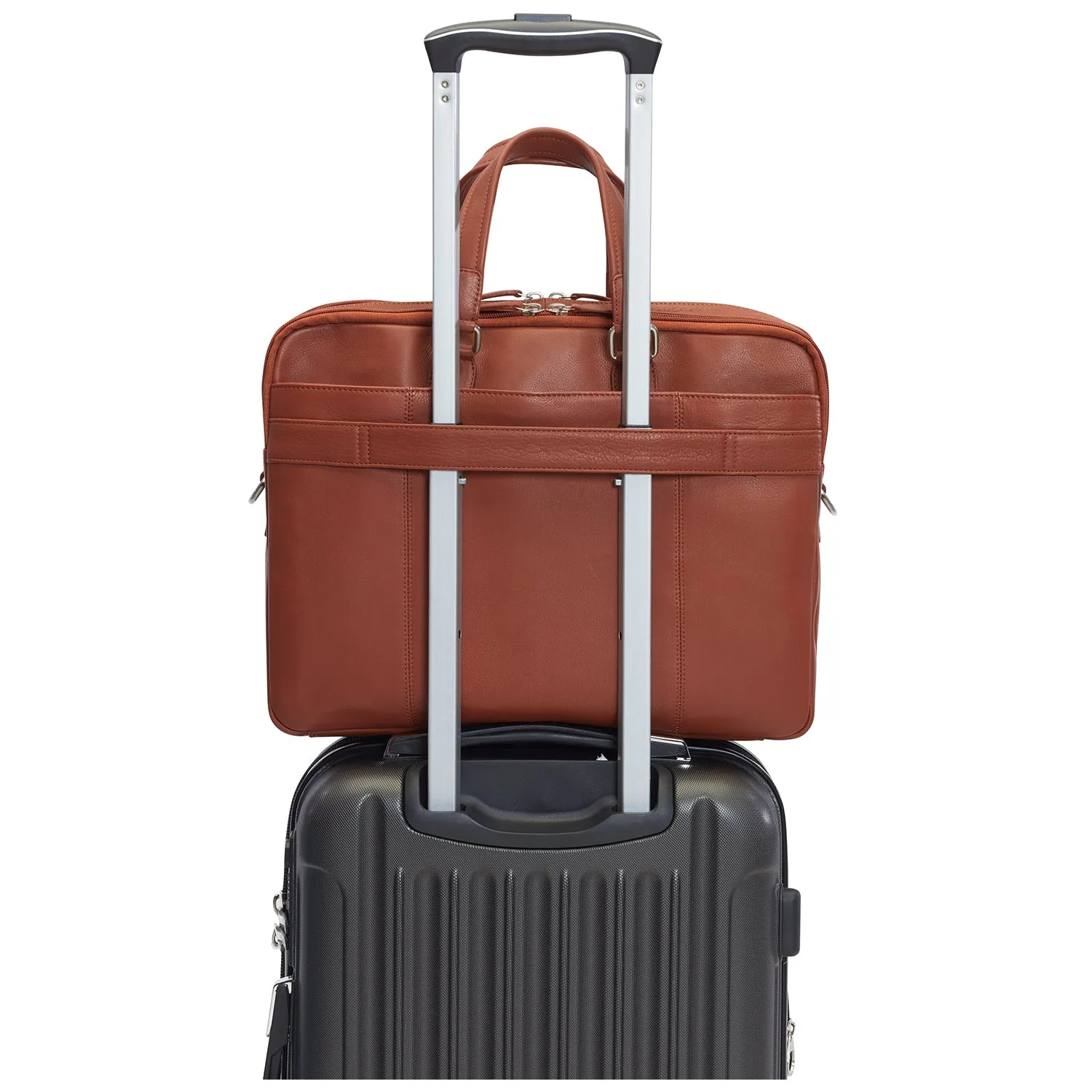 Mancini Leather Double Compartment Briefcase for 15.6" Laptop and Tablet, 16.25" x 4" x 12", Cognac