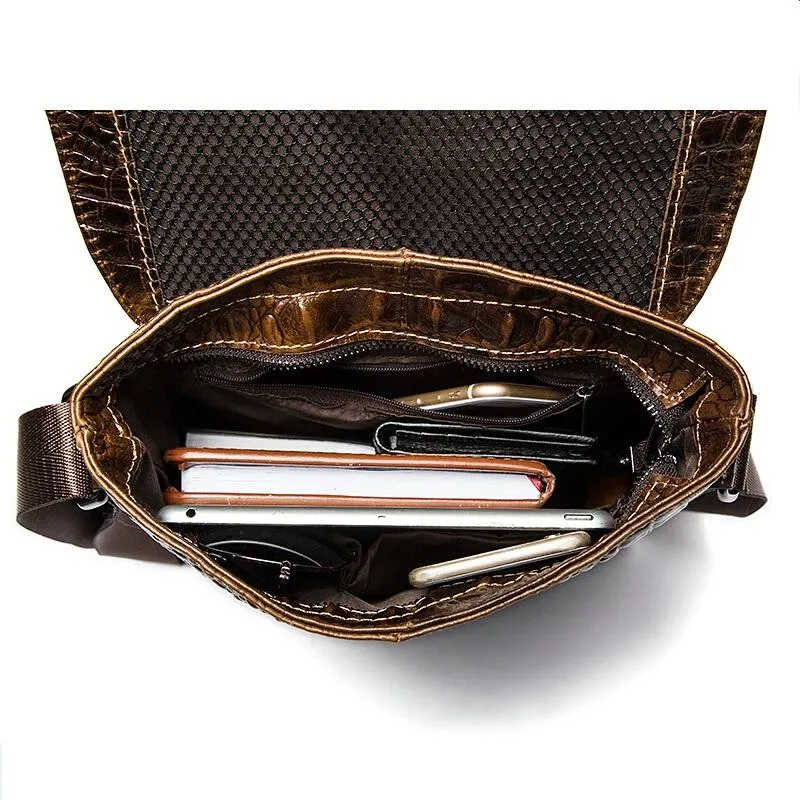 Men Alligator Crocodile Genuine Leather Flap Closure Messenger Crossbody Bag