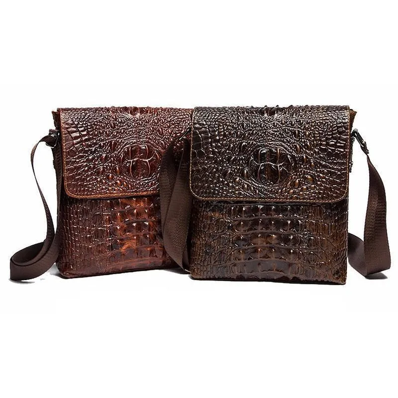 Men Alligator Crocodile Genuine Leather Flap Closure Messenger Crossbody Bag