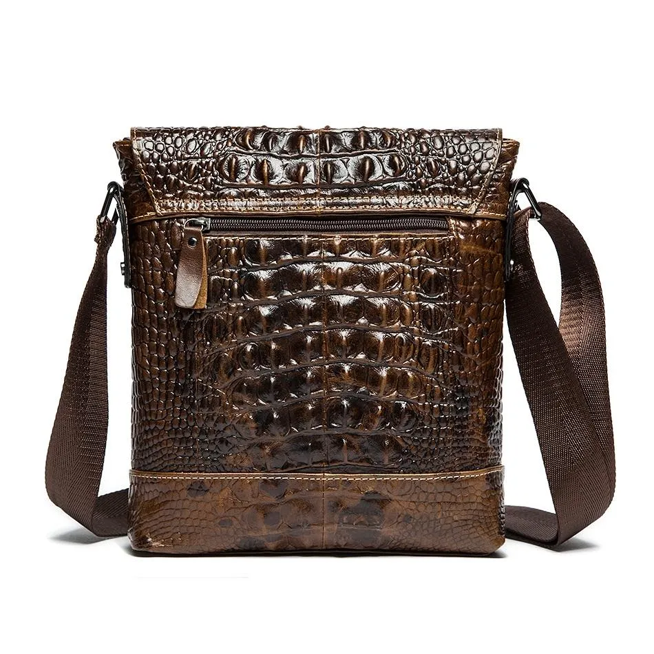 Men Alligator Crocodile Genuine Leather Flap Closure Messenger Crossbody Bag