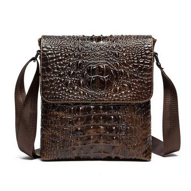 Men Alligator Crocodile Genuine Leather Flap Closure Messenger Crossbody Bag