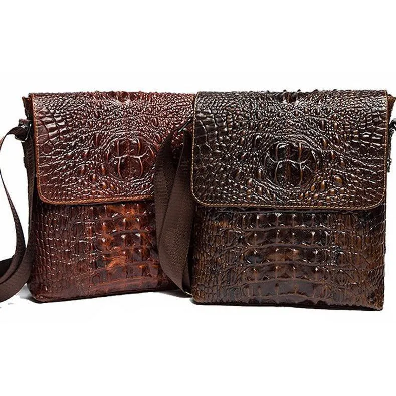Men Alligator Crocodile Genuine Leather Flap Closure Messenger Crossbody Bag