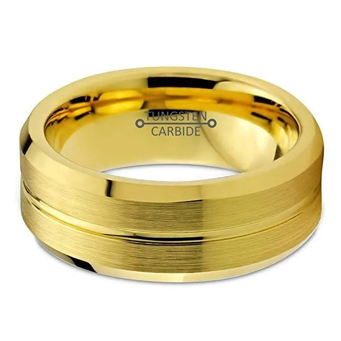 Men's Yellow Gold IP Tungsten Wedding Ring Bevel Edges and Grooved Center - 8mm