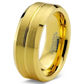 Men's Yellow Gold IP Tungsten Wedding Ring Bevel Edges and Grooved Center - 8mm