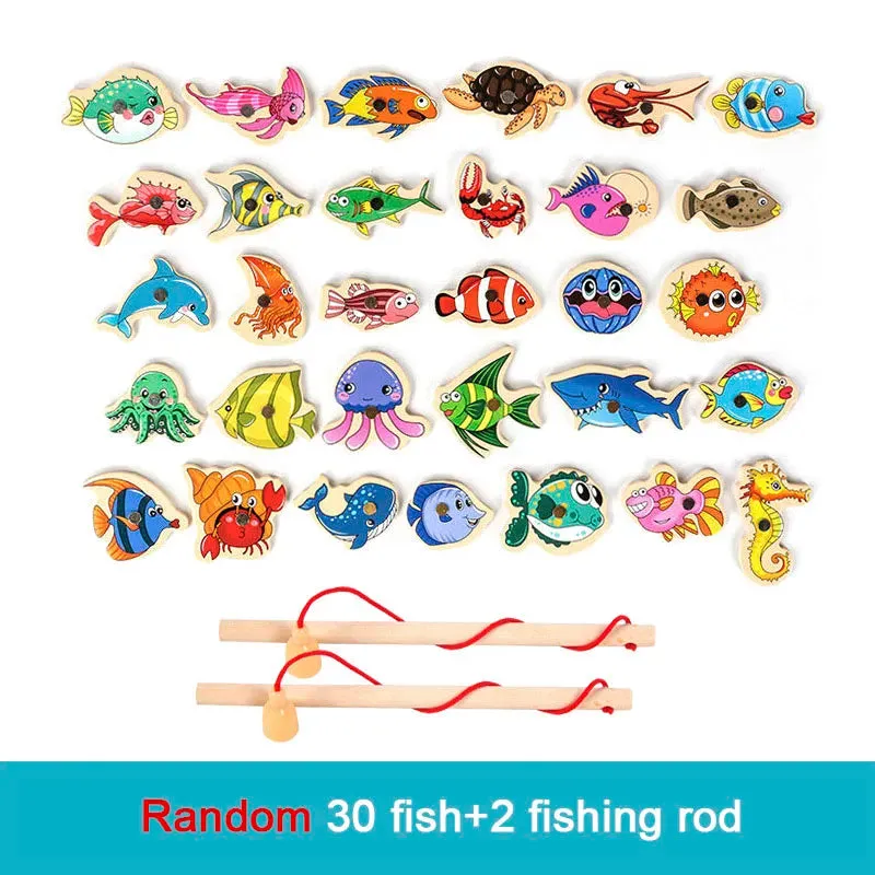Montessori Wooden Magnetic Fishing Toys for Kids Cartoon Marine Life Cognition Fish Games Education Parent-Child Interactive Toy