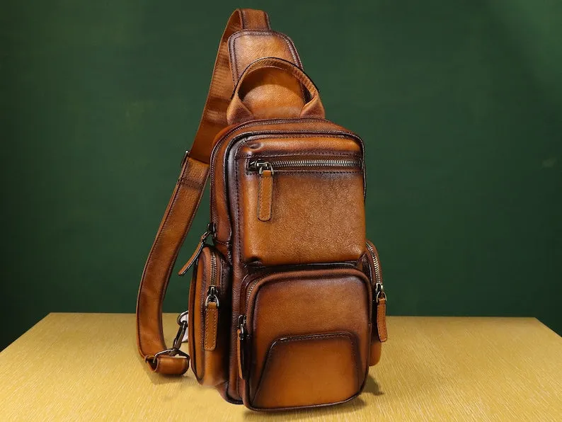 Multiple Pockets Zipper Leather Sling Bag Hiking Daypack Shoulder Backpack