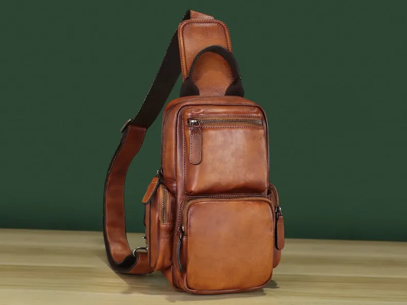 Multiple Pockets Zipper Leather Sling Bag Hiking Daypack Shoulder Backpack