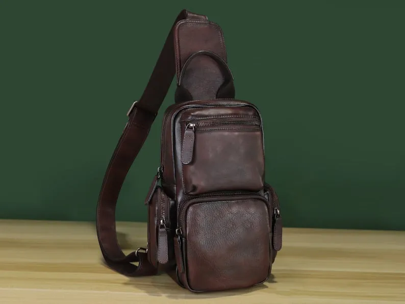 Multiple Pockets Zipper Leather Sling Bag Hiking Daypack Shoulder Backpack