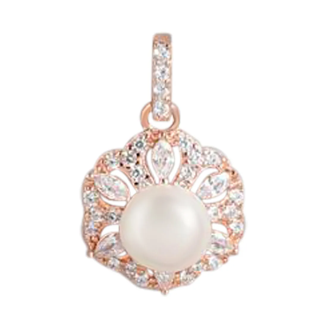 Radiant Pearl Bouquet CZ & Pearl Rose Gold 925 Sterling Silver Pendant with Chain