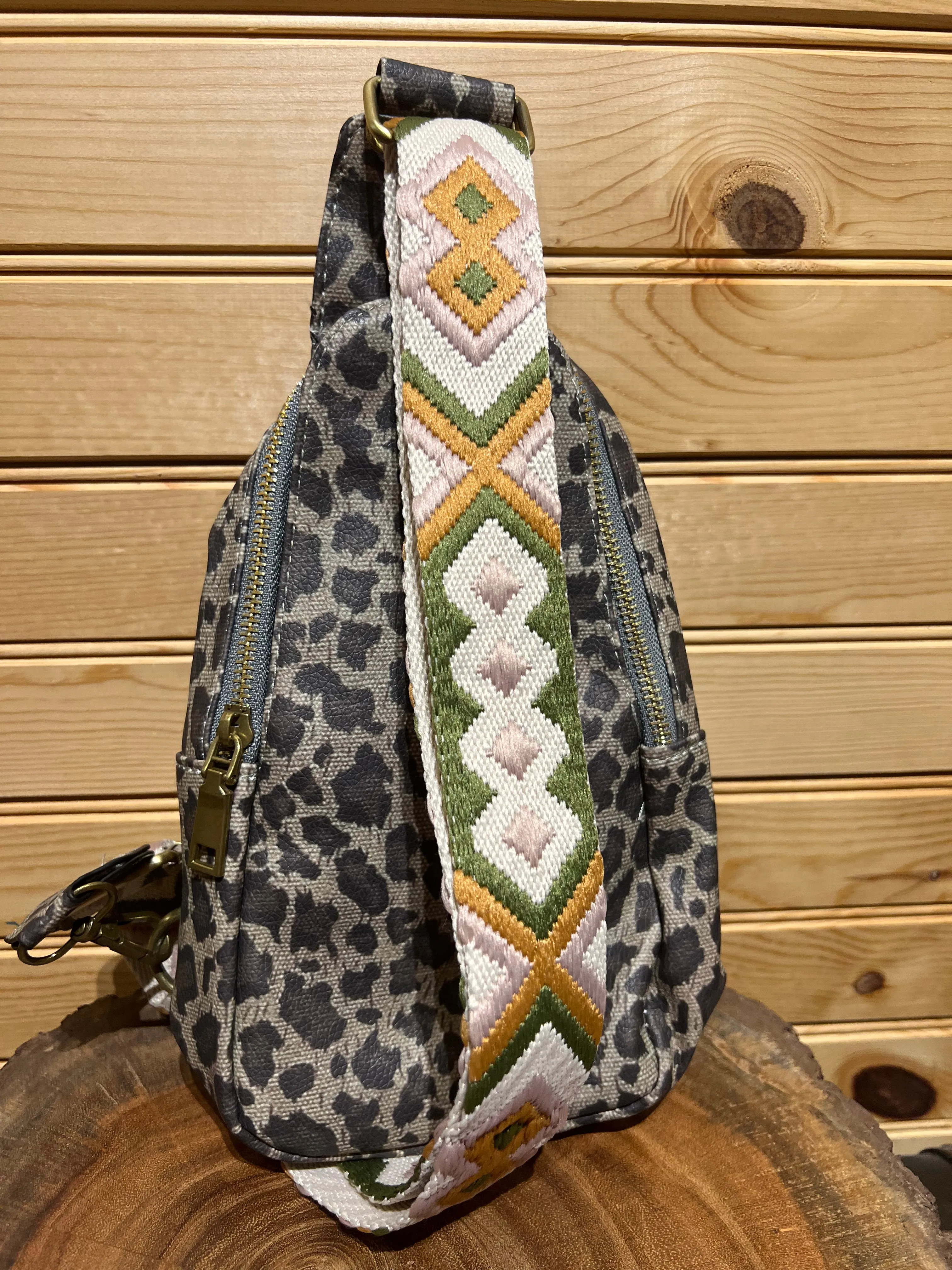Vegan Leather Sling Bag - Grey Leopard